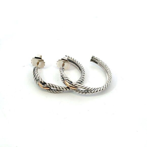 David Yurman Large Hoop Earrings 18 KT Gold + Silver Estate DY562 - Picture 7 of 9